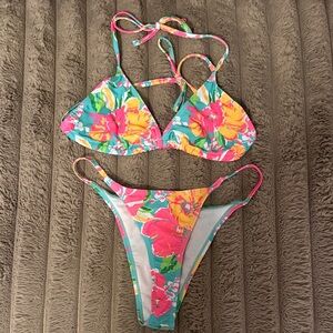 Floral Triangle Bikini Set in Turquoise, Pink & Yellow